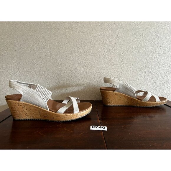 Skechers Wedge Sandals Beverlee Sz 9 Beige Stretch Straps Open Toe - Picture 3 of 10